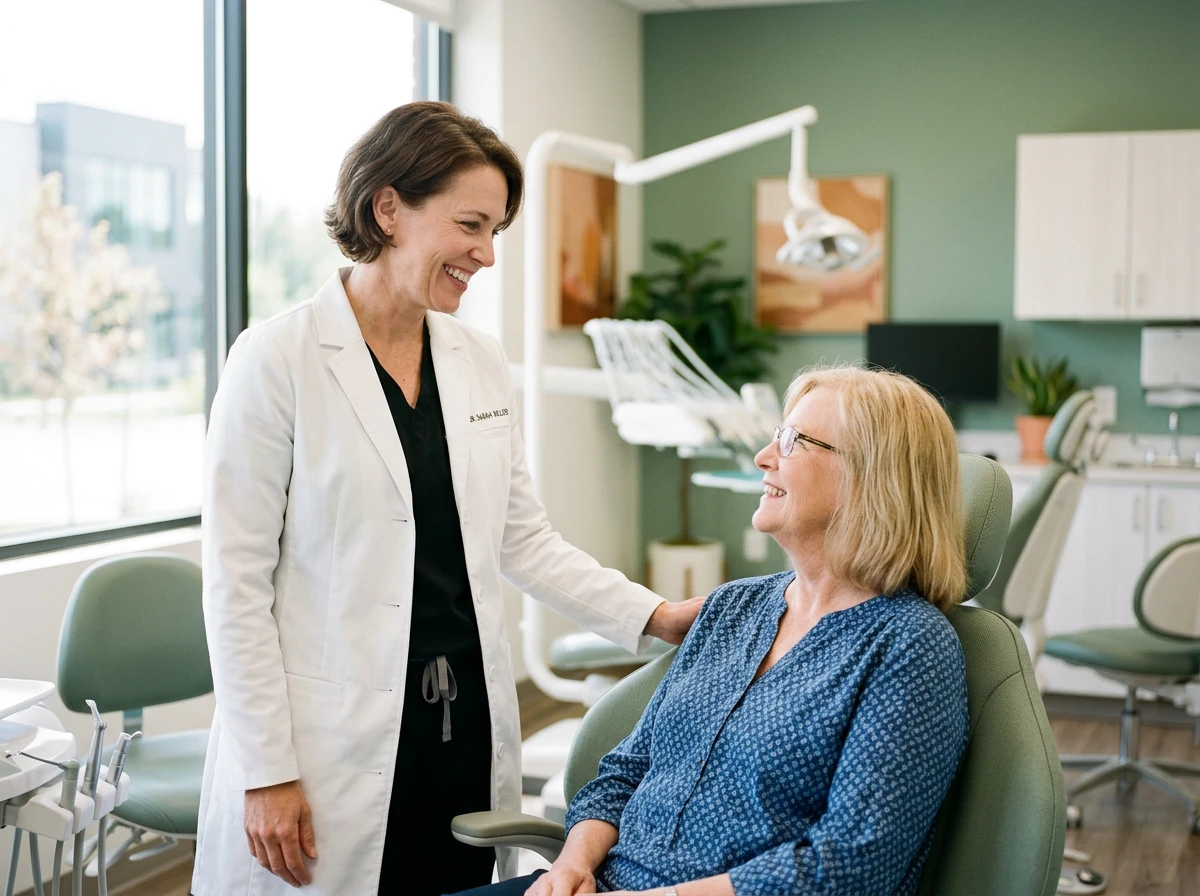 Un dentiste en blouse blanche accueillant chaleureusement un patient dans un cabinet dentaire moderne