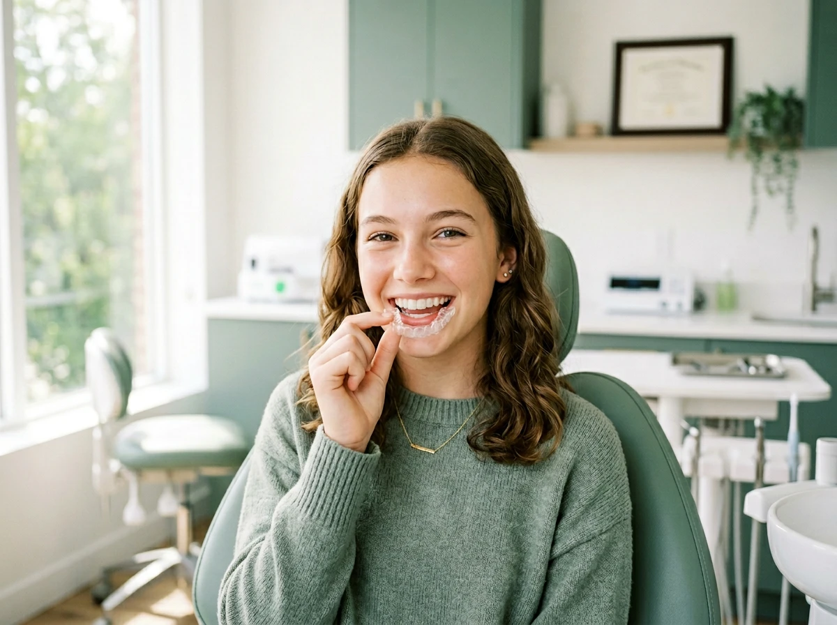 Adolescente souriante portant un appareil orthodontique transparent